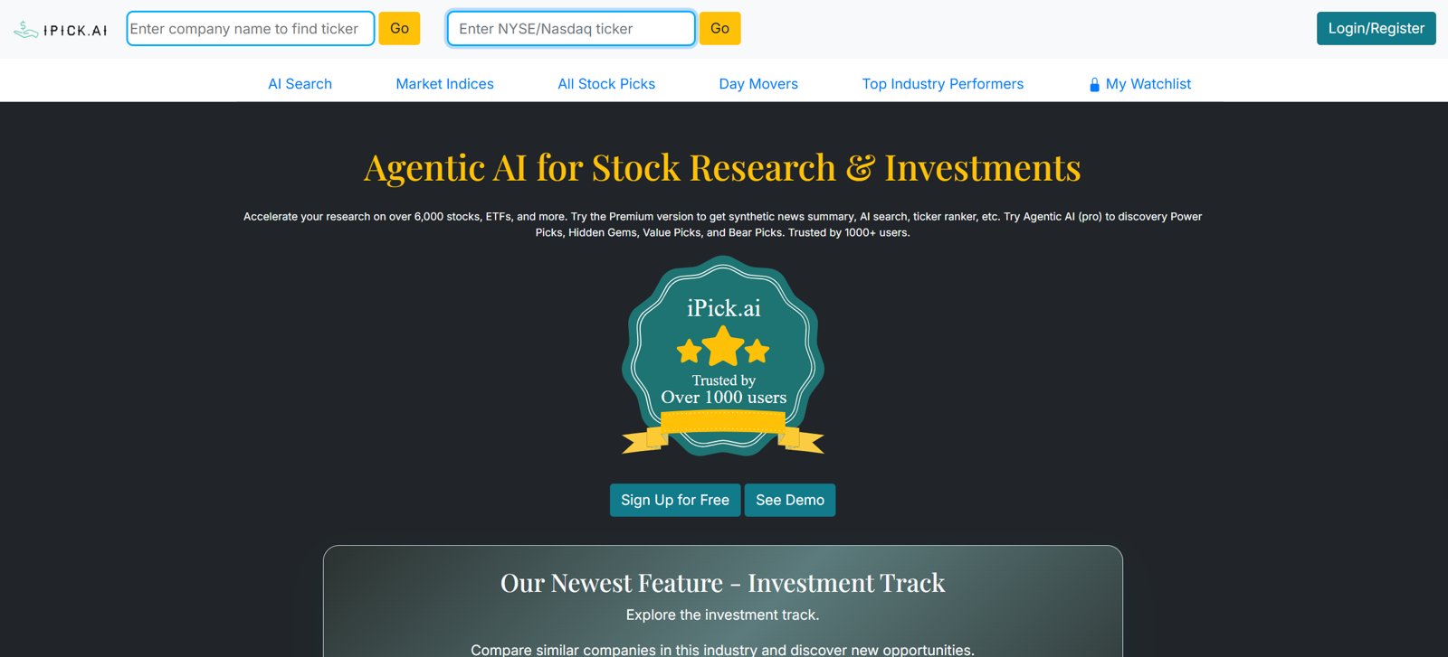 the ipick.ai homepage: agentic ai for stock research and investments